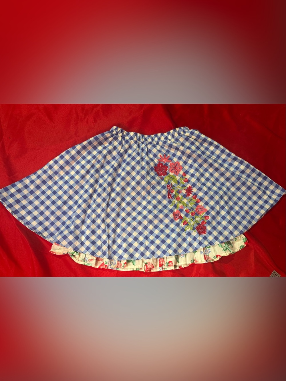 Matilda Jane Blue Gingham Skater Skirt with Red Floral Embroidery